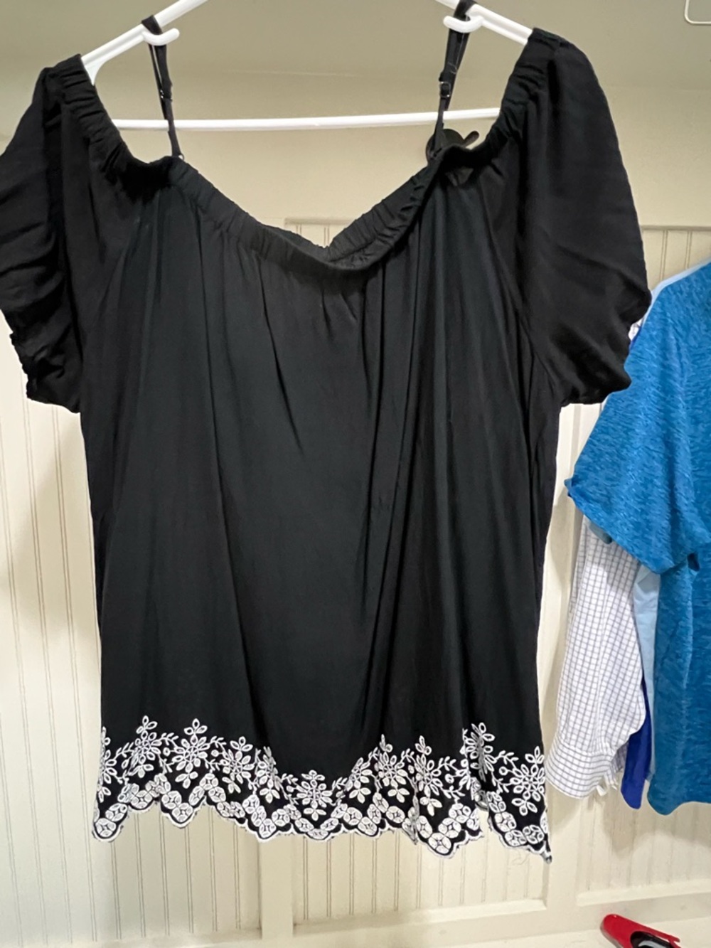 Old Navy Black Off-Shoulder Blouse with White Embroidered Hem
